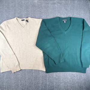 Lot of 2 100% Pure Wool Sweaters Mens Sz L Geoffrey Beene Beige/Green VTG 90’